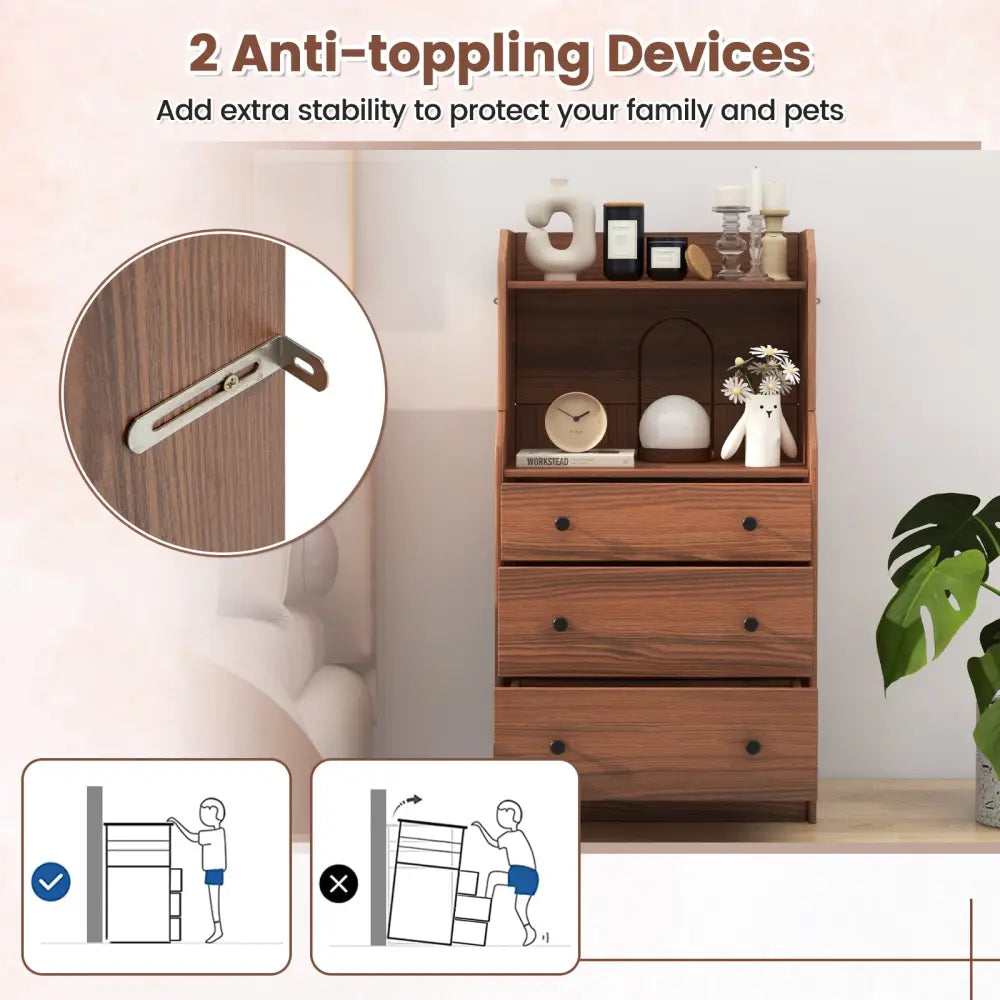 Modern Storage Dresser with Anti-toppling Device-Walnut - Walnut - Dressers & Chests