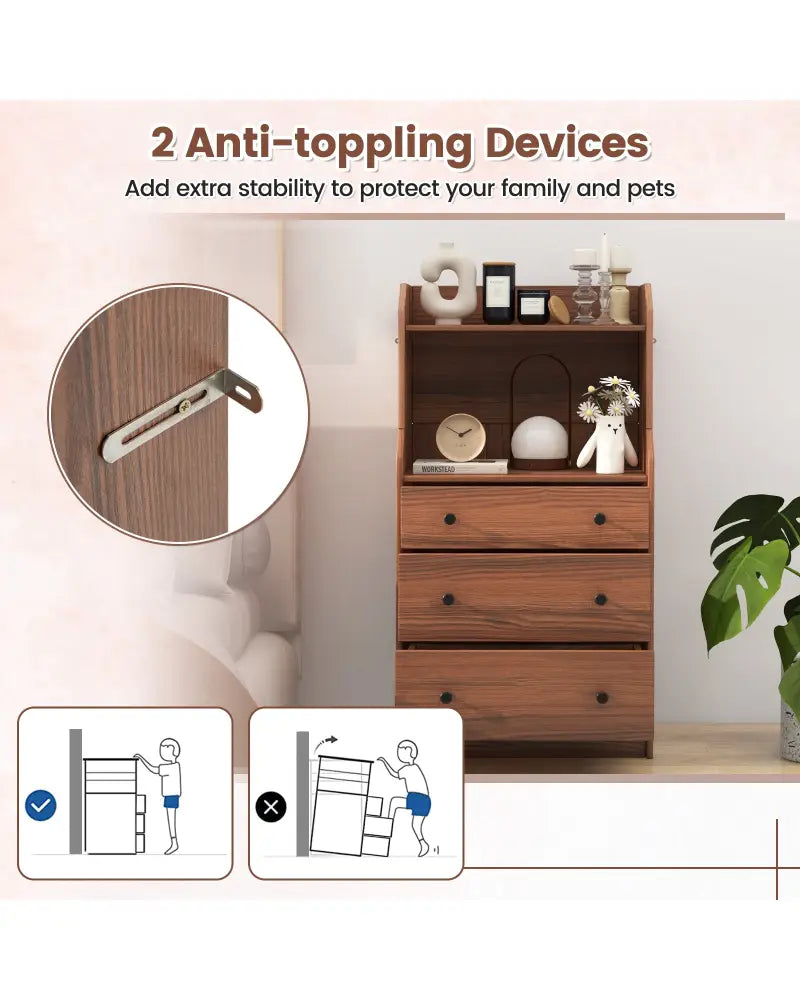 Modern Storage Dresser with Anti-toppling Device-Walnut - Walnut - Dressers & Chests