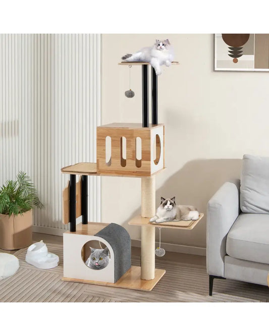 Modern Tall Cat Tower with Double Condos with Dangling Balls and Sisal Carpets-Natural - Natural - Cat Trees Condos &