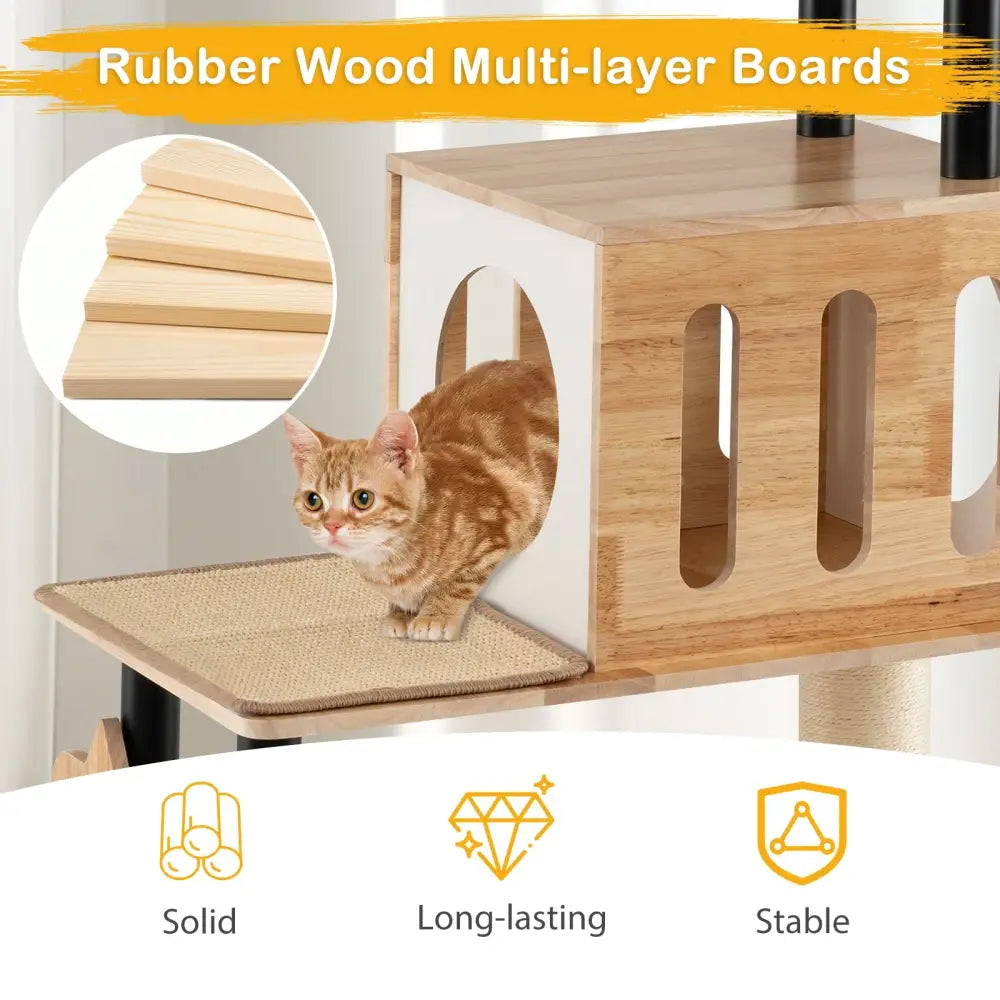 Modern Tall Cat Tower with Double Condos with Dangling Balls and Sisal Carpets-Natural - Natural - Cat Trees Condos &