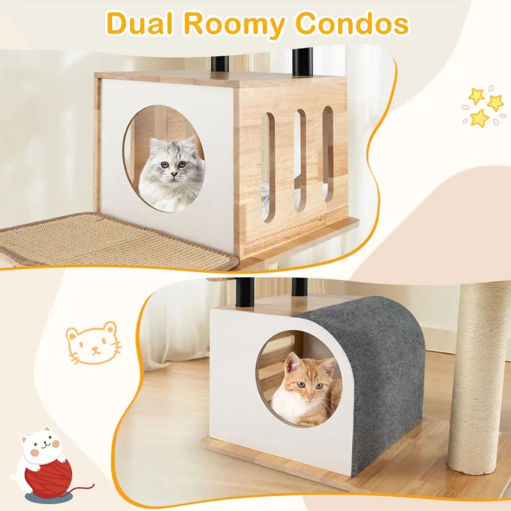 Modern Tall Cat Tower with Double Condos with Dangling Balls and Sisal Carpets-Natural - Natural - Cat Trees Condos &