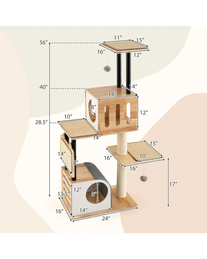 Modern Tall Cat Tower with Double Condos with Dangling Balls and Sisal Carpets-Natural - Natural - Cat Trees Condos &