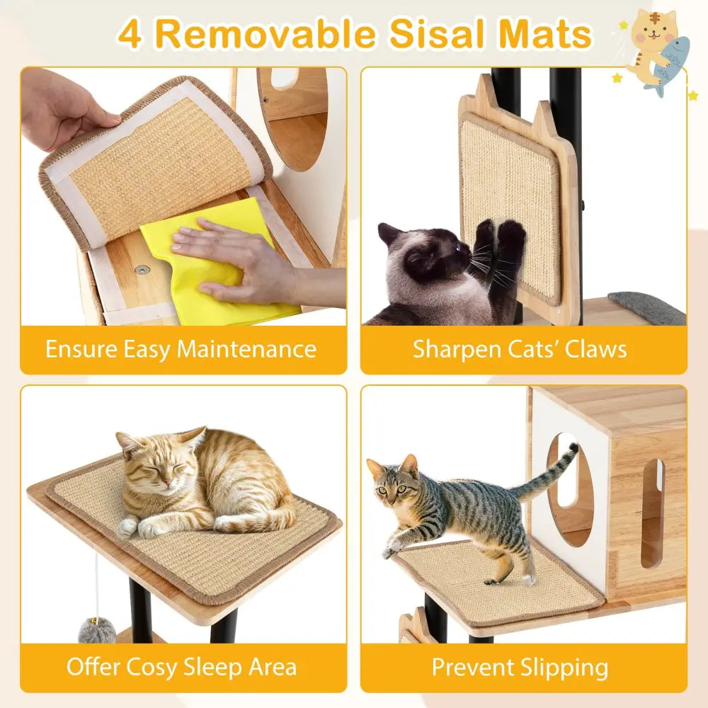 Modern Tall Cat Tower with Double Condos with Dangling Balls and Sisal Carpets-Natural - Natural - Cat Trees Condos &