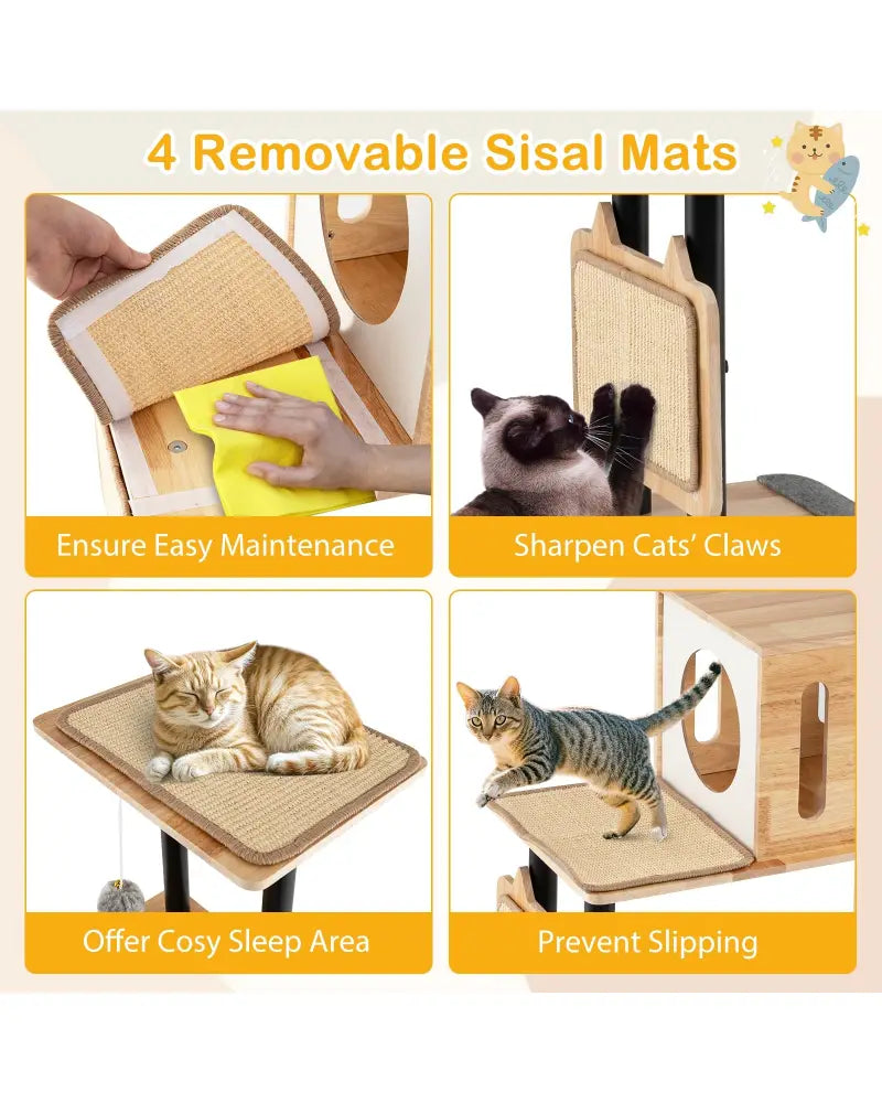 Modern Tall Cat Tower with Double Condos with Dangling Balls and Sisal Carpets-Natural - Natural - Cat Trees Condos &