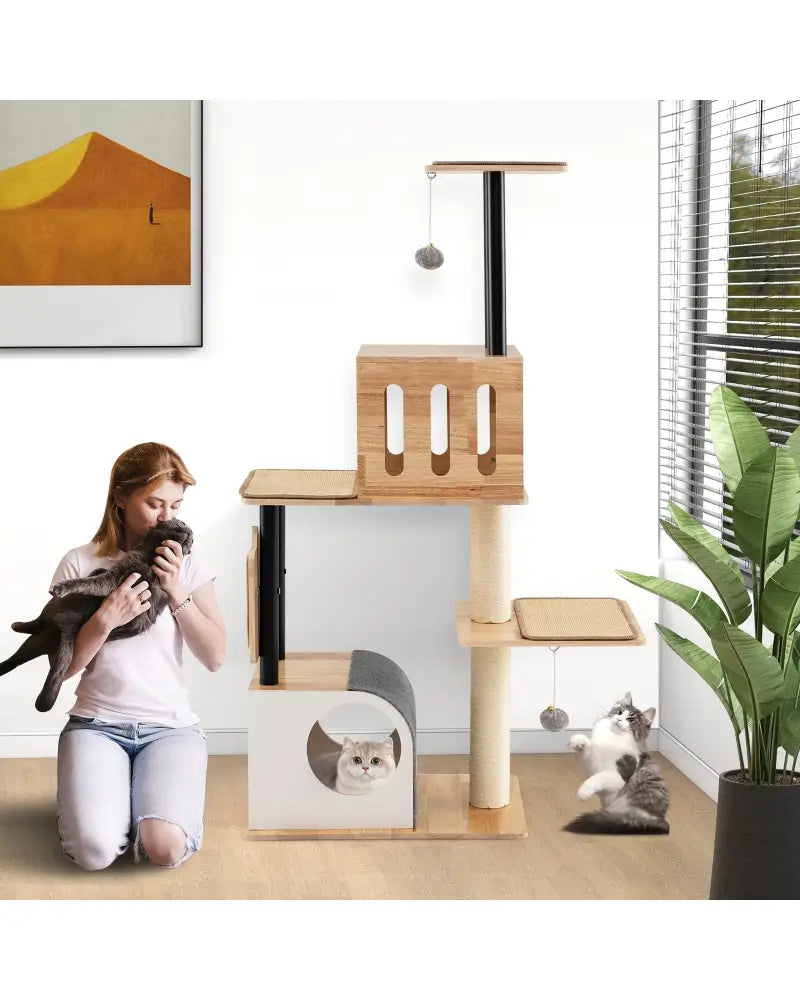 Modern Tall Cat Tower with Double Condos with Dangling Balls and Sisal Carpets-Natural - Natural - Cat Trees Condos &