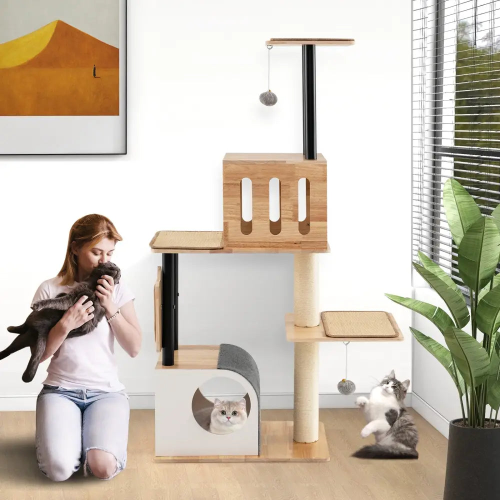 Modern Tall Cat Tower with Double Condos with Dangling Balls and Sisal Carpets-Natural - Natural - Cat Trees Condos &