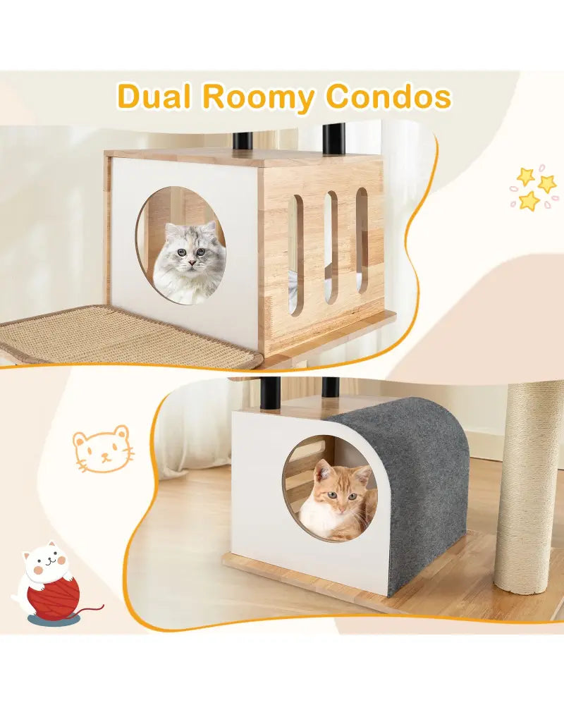 Modern Tall Cat Tower with Double Condos with Dangling Balls and Sisal Carpets-Natural - Natural - Cat Trees Condos &