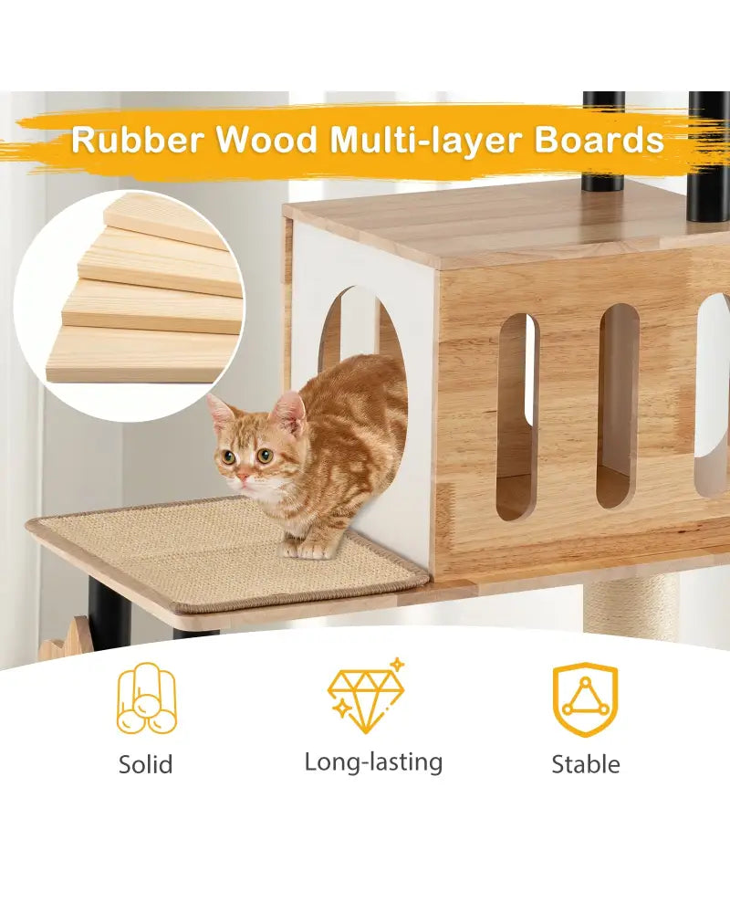 Modern Tall Cat Tower with Double Condos with Dangling Balls and Sisal Carpets-Natural - Natural - Cat Trees Condos &