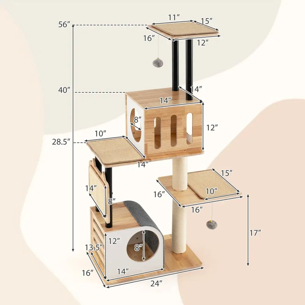 Modern Tall Cat Tower with Double Condos with Dangling Balls and Sisal Carpets-Natural - Natural - Cat Trees Condos &