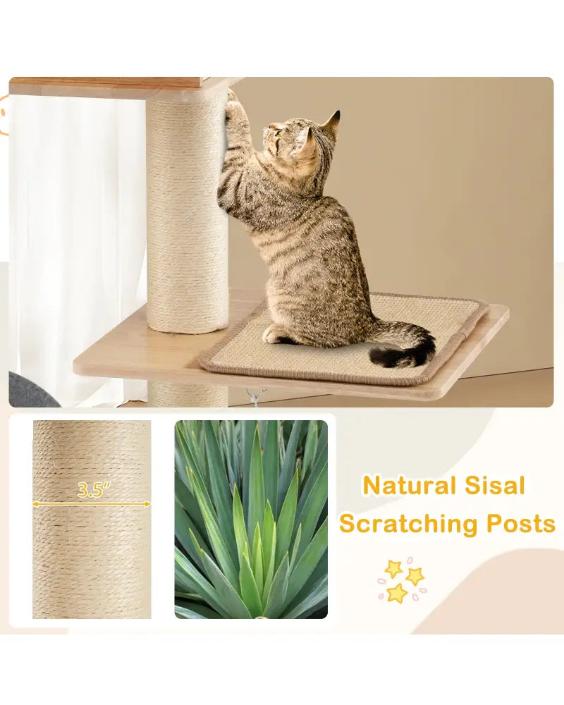 Modern Tall Cat Tower with Double Condos with Dangling Balls and Sisal Carpets-Natural - Natural - Cat Trees Condos &