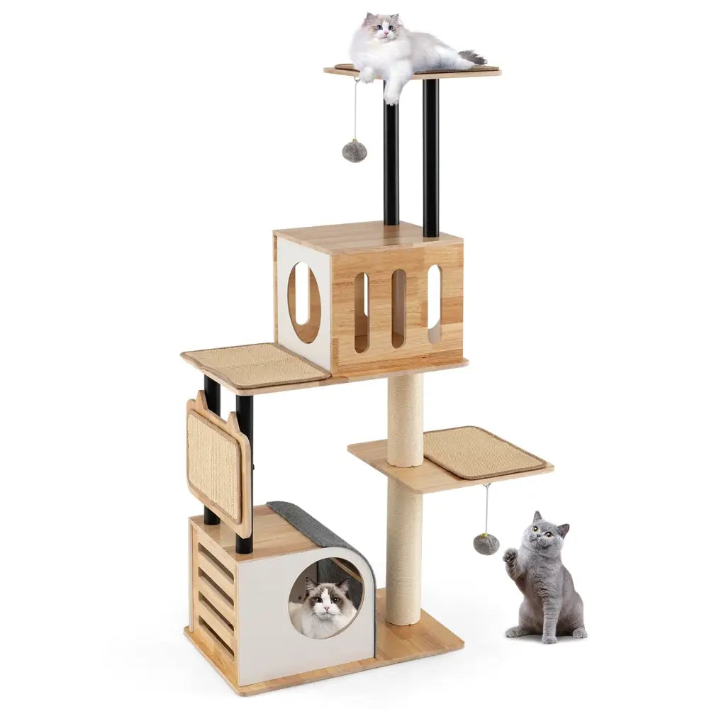 Modern Tall Cat Tower with Double Condos with Dangling Balls and Sisal Carpets-Natural - Natural - Cat Trees Condos &