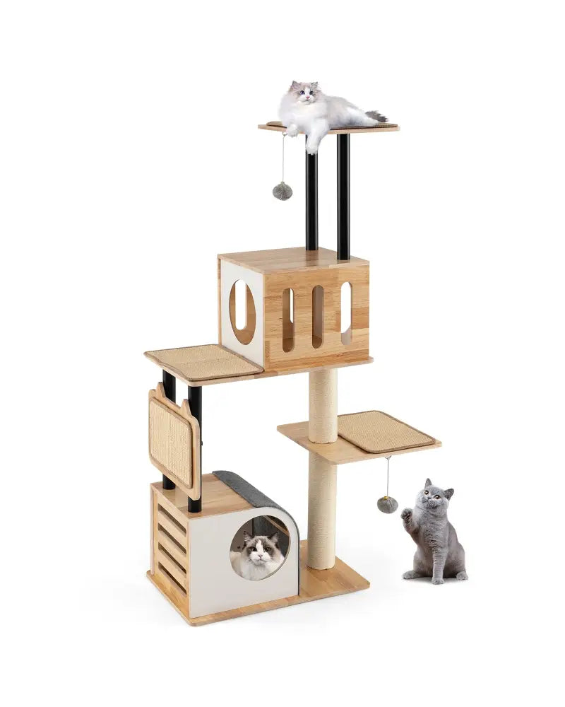 Modern Tall Cat Tower with Double Condos with Dangling Balls and Sisal Carpets-Natural - Natural - Cat Trees Condos &