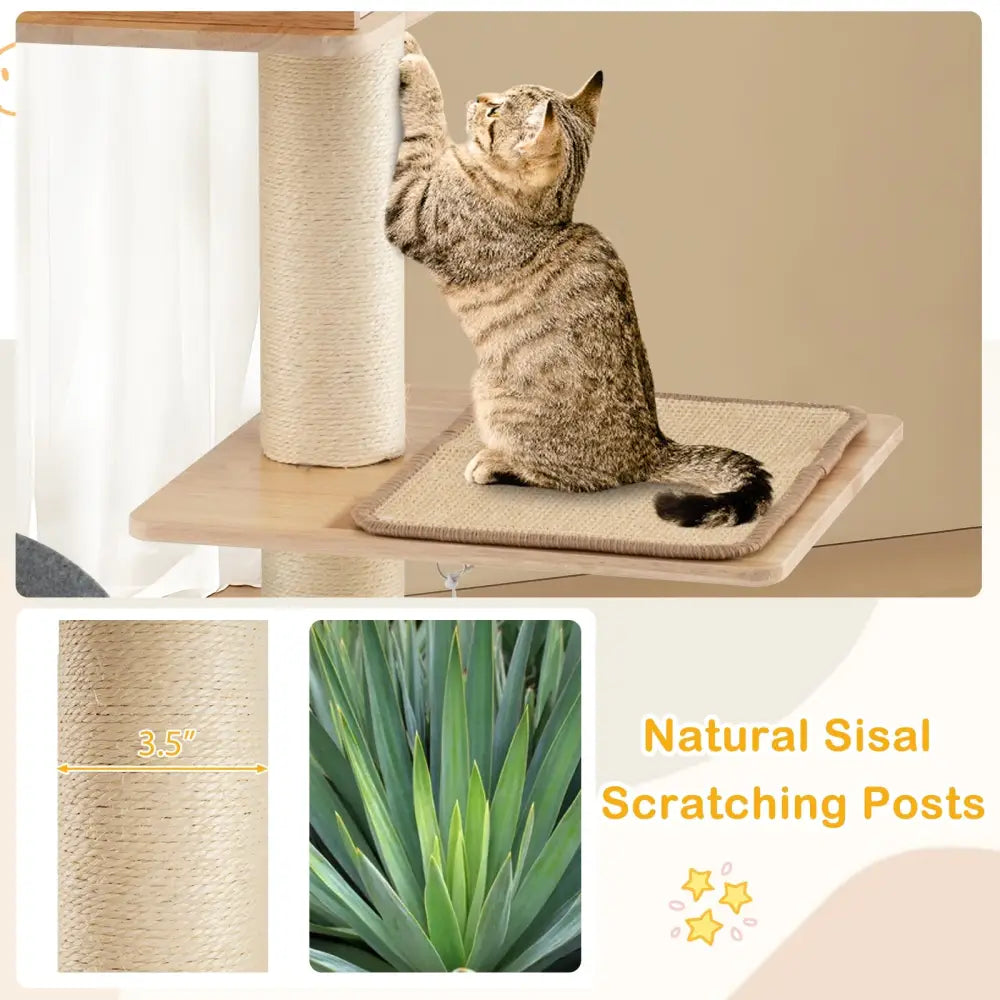 Modern Tall Cat Tower with Double Condos with Dangling Balls and Sisal Carpets-Natural - Natural - Cat Trees Condos &