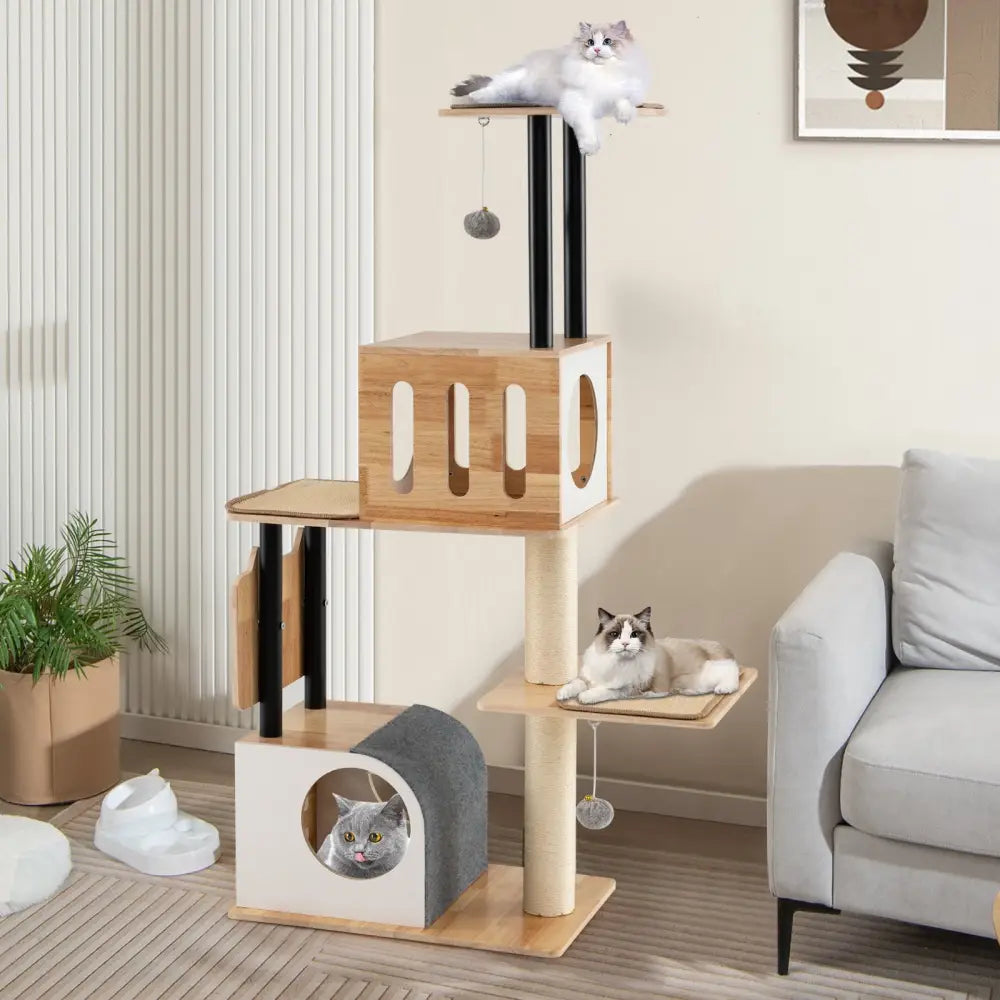 Modern Tall Cat Tower with Double Condos with Dangling Balls and Sisal Carpets-Natural - Natural - Cat Trees Condos &