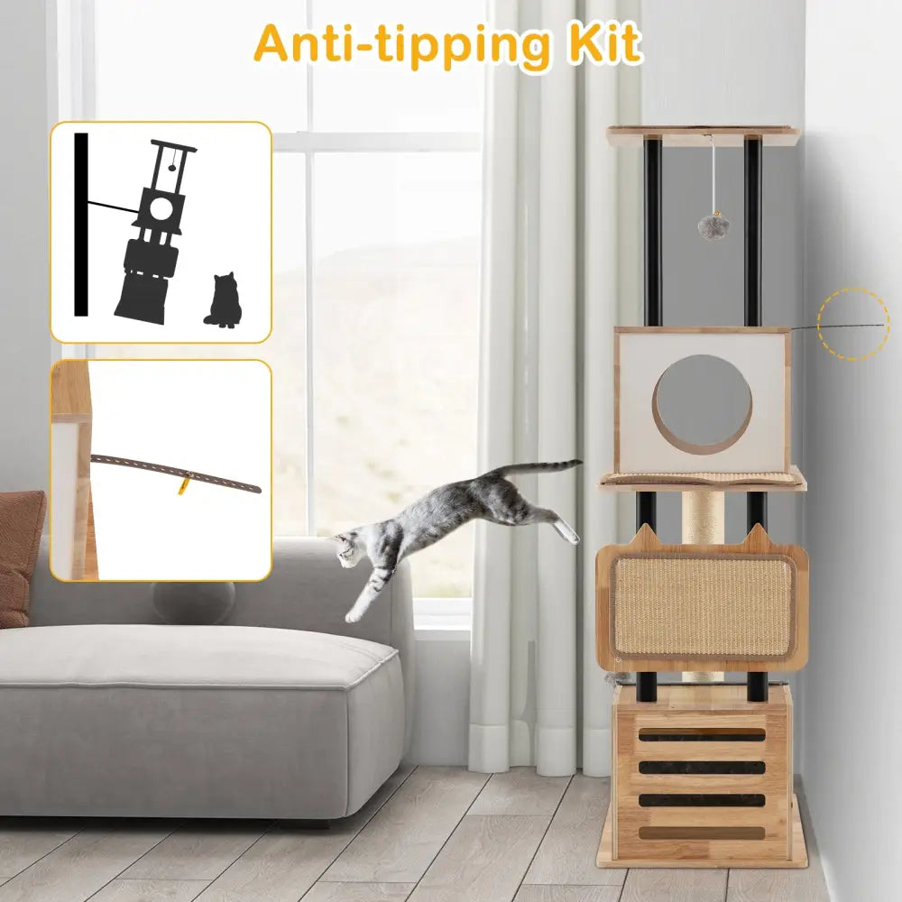 Modern Tall Cat Tower with Double Condos with Dangling Balls and Sisal Carpets-Natural - Natural - Cat Trees Condos &