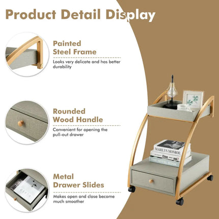Modern Tray Top 4 Casters Rolling End Table with Storage Drawer-Gray - Gray - End & Side Tables