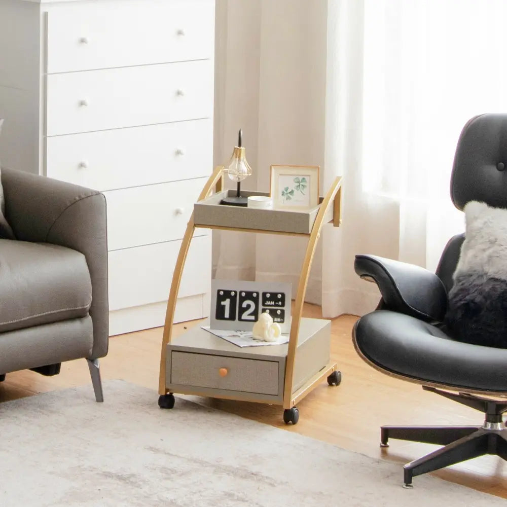 Modern Tray Top 4 Casters Rolling End Table with Storage Drawer-Gray - Gray - End & Side Tables
