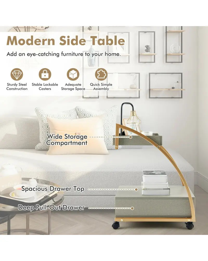 Modern Tray Top 4 Casters Rolling End Table with Storage Drawer-Gray - Gray - End & Side Tables