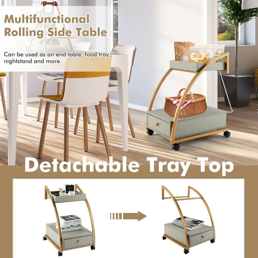 Modern Tray Top 4 Casters Rolling End Table with Storage Drawer-Gray - Gray - End & Side Tables