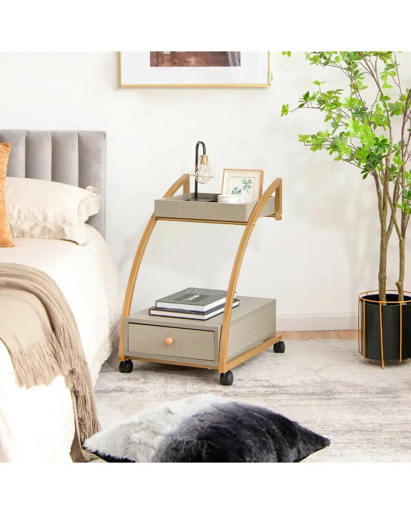Modern Tray Top 4 Casters Rolling End Table with Storage Drawer-Gray - Gray - End & Side Tables