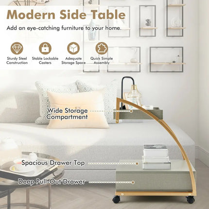 Modern Tray Top 4 Casters Rolling End Table with Storage Drawer-Gray - Gray - End & Side Tables