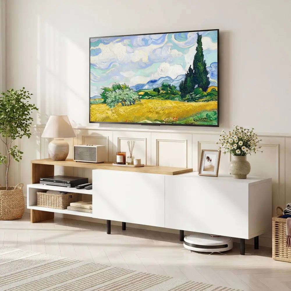 Modern TV Stand for 80 Inches TVs with Storage Shelves and Cabinets-White - White - Entertainment Centers & TV Stands