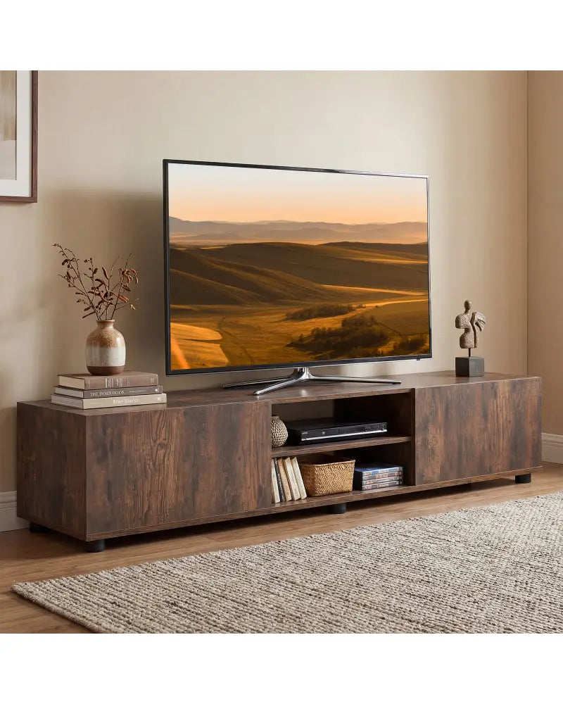 Modern TV Stand for up to 70’’ TVs Minimalist Entertainment Center with 2 Doors and Open Shelves-Rustic Brown - Rustic