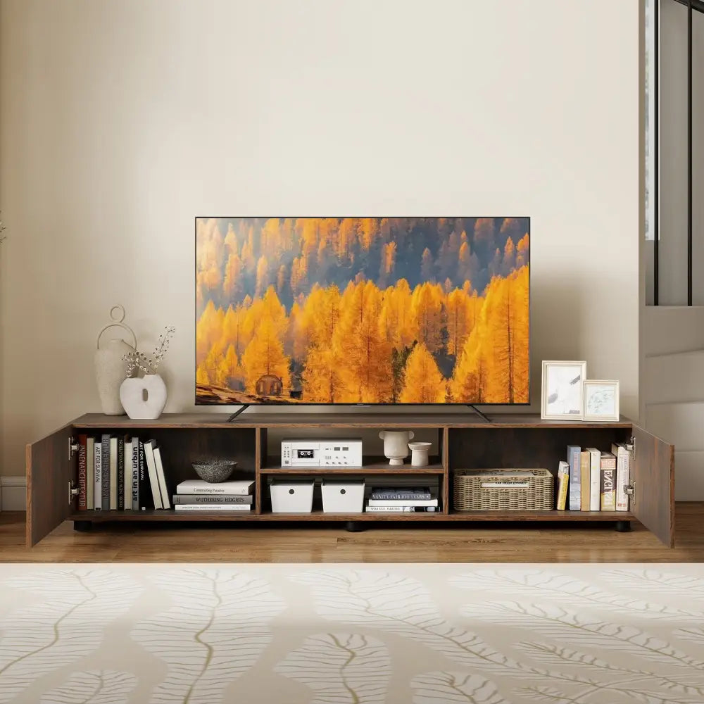 Modern TV Stand for up to 70’’ TVs Minimalist Entertainment Center with 2 Doors and Open Shelves-Rustic Brown - Rustic