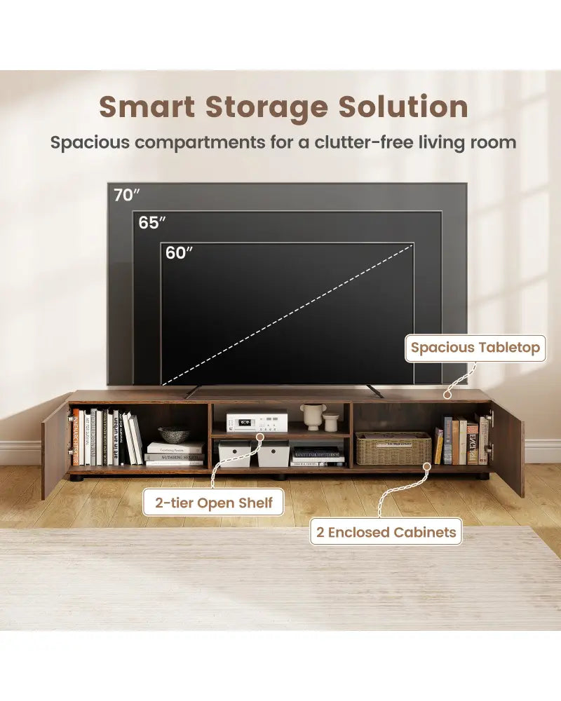 Modern TV Stand for up to 70’’ TVs Minimalist Entertainment Center with 2 Doors and Open Shelves-Rustic Brown - Rustic