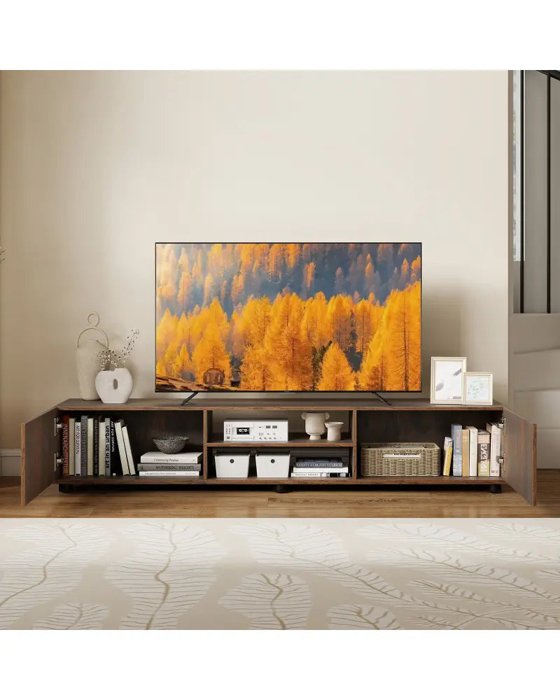 Modern TV Stand for up to 70’’ TVs Minimalist Entertainment Center with 2 Doors and Open Shelves-Rustic Brown - Rustic