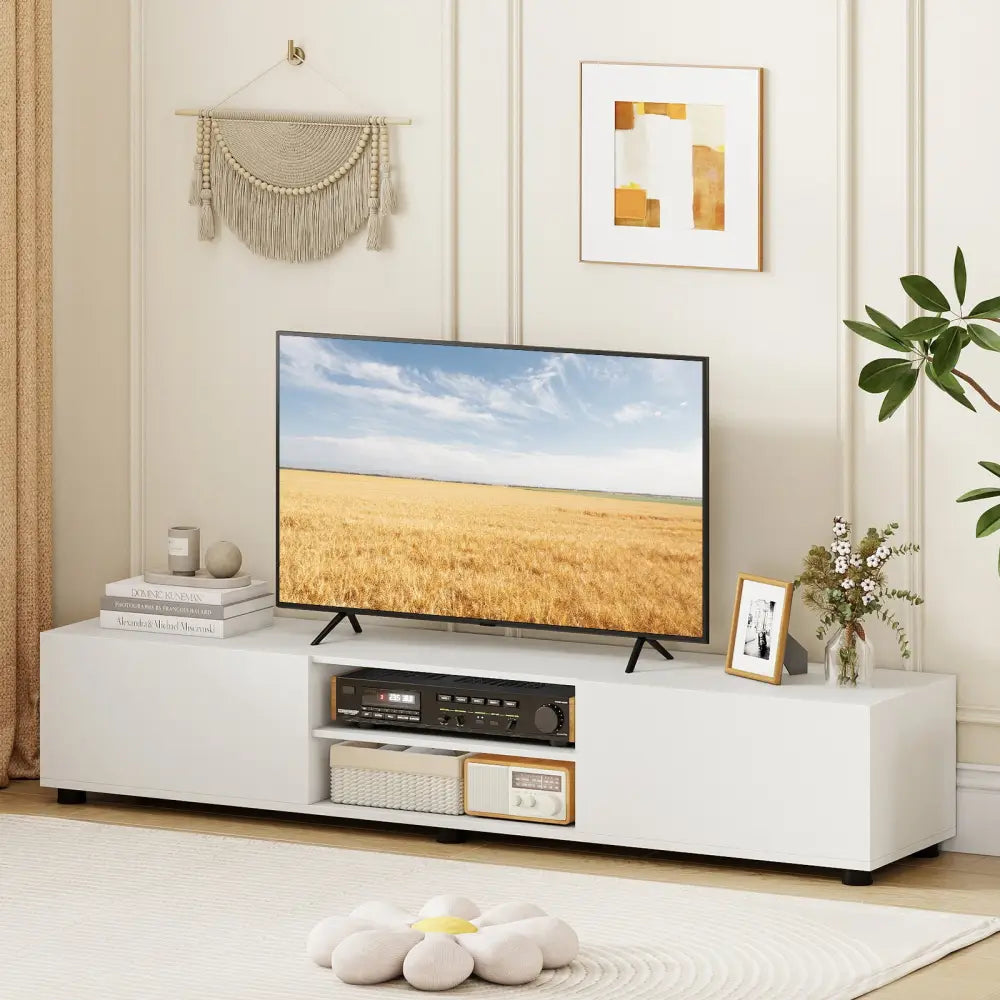 Modern TV Stand for up to 70’’ TVs Minimalist Entertainment Center with 2 Doors and Open Shelves-White - White