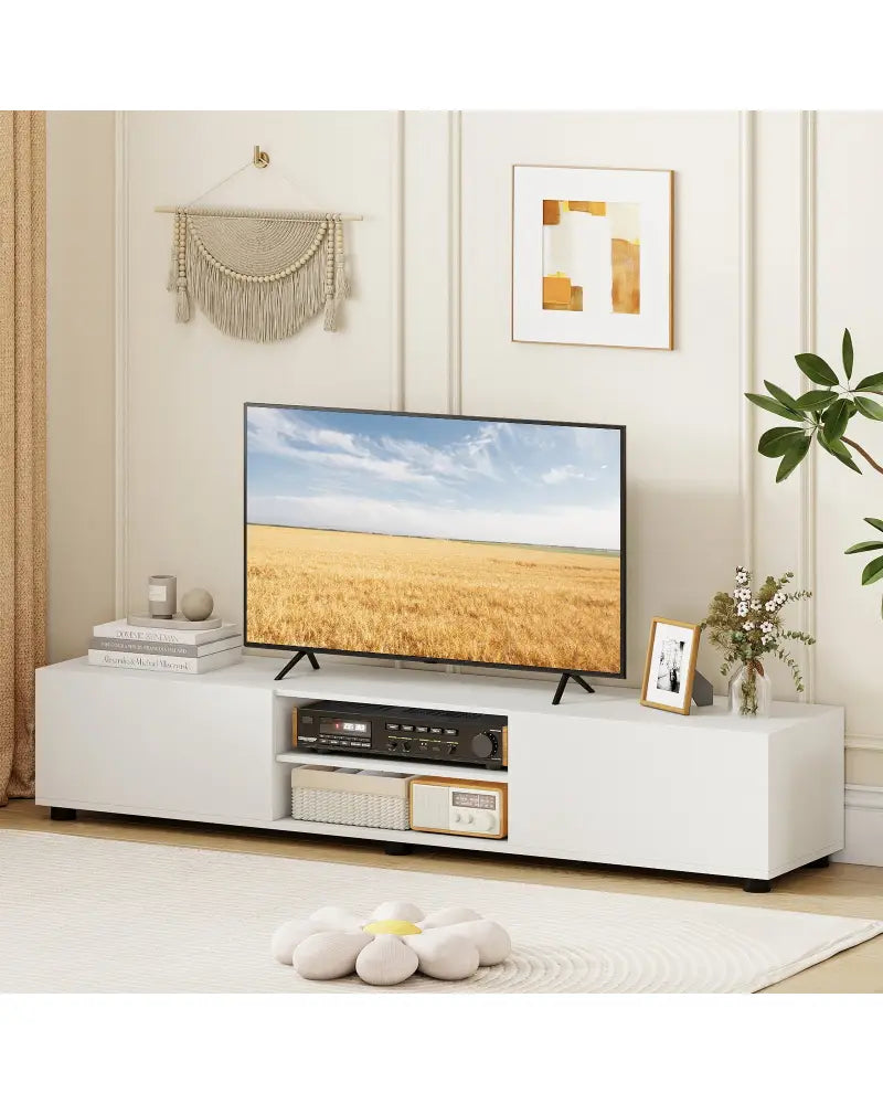 Modern TV Stand for up to 70’’ TVs Minimalist Entertainment Center with 2 Doors and Open Shelves-White - White