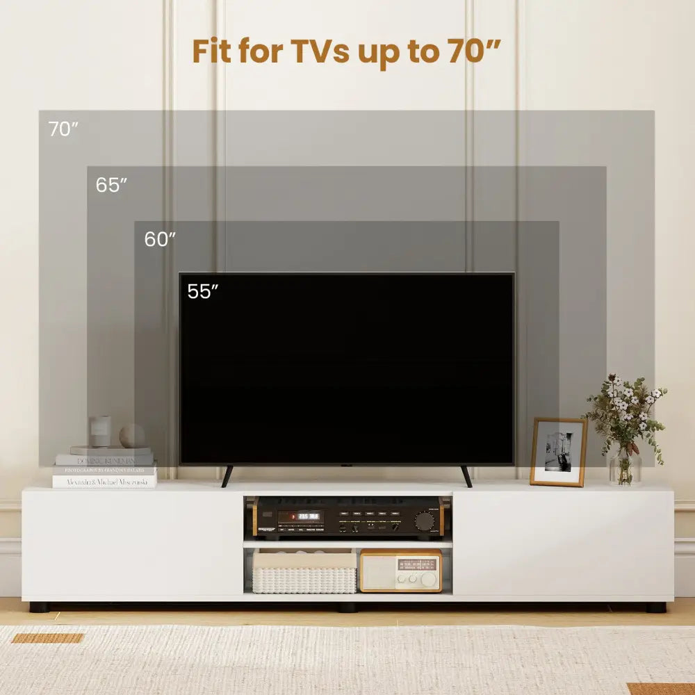 Modern TV Stand for up to 70’’ TVs Minimalist Entertainment Center with 2 Doors and Open Shelves-White - White