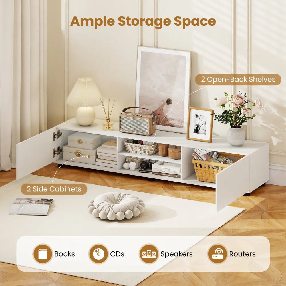 Modern TV Stand for up to 70’’ TVs Minimalist Entertainment Center with 2 Doors and Open Shelves-White - White