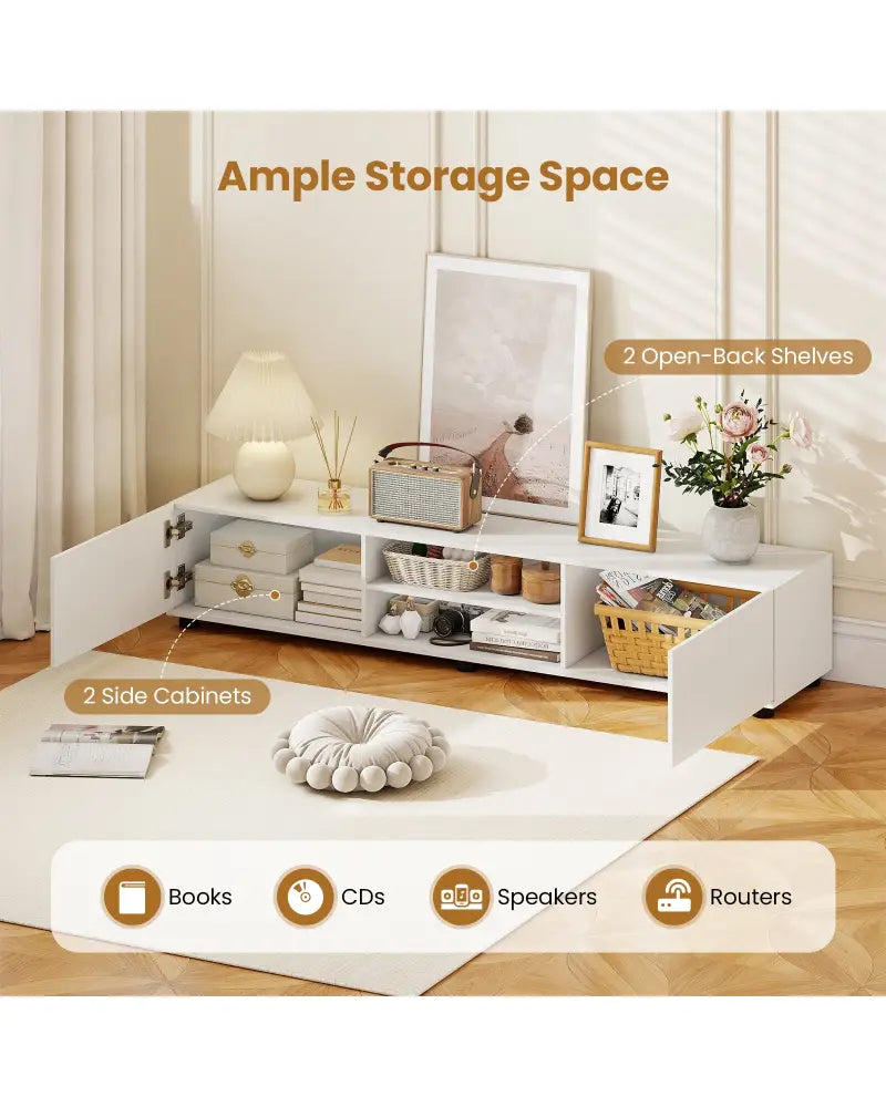 Modern TV Stand for up to 70’’ TVs Minimalist Entertainment Center with 2 Doors and Open Shelves-White - White