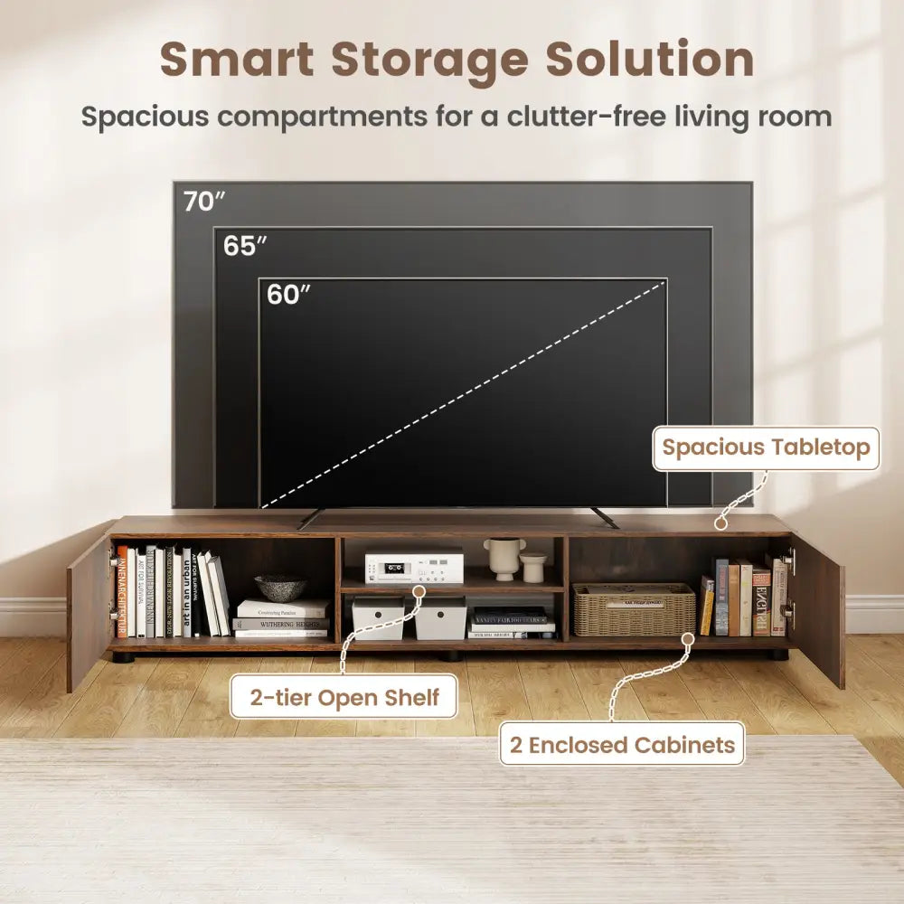 Modern TV Stand for up to 70’’ TVs Minimalist Entertainment Center with 2 Doors and Open Shelves-Rustic Brown - Rustic