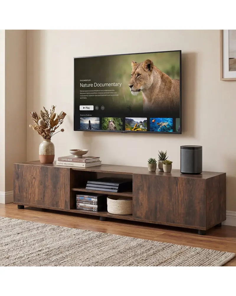 Modern TV Stand for up to 70’’ TVs Minimalist Entertainment Center with 2 Doors and Open Shelves-Rustic Brown - Rustic
