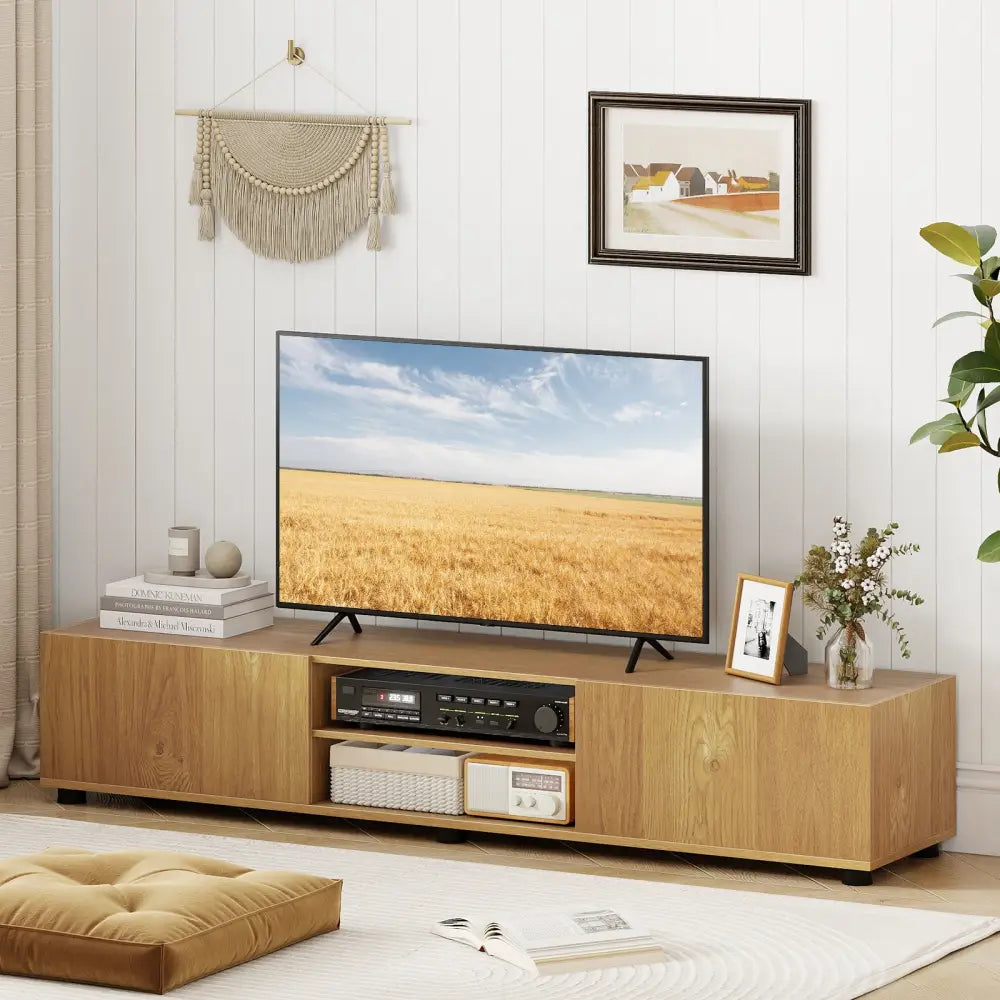 Modern TV Stand for up to 70’’ TVs Minimalist Entertainment Center with 2 Doors and Open Shelves-Natural - Natural