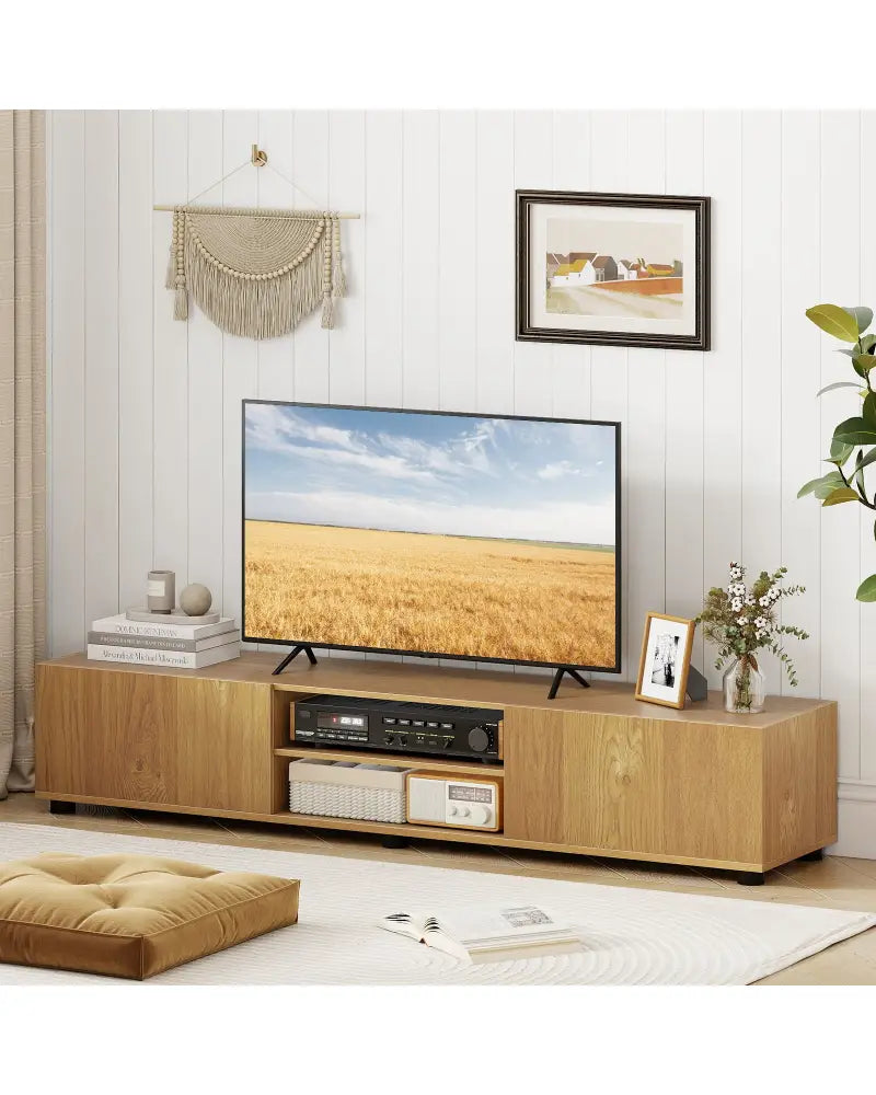 Modern TV Stand for up to 70’’ TVs Minimalist Entertainment Center with 2 Doors and Open Shelves-Natural - Natural