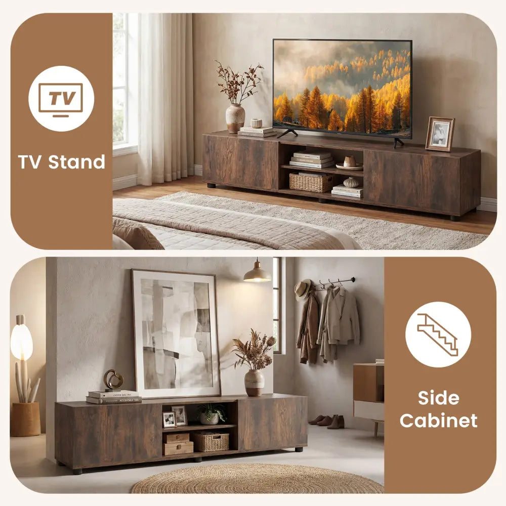 Modern TV Stand for up to 70’’ TVs Minimalist Entertainment Center with 2 Doors and Open Shelves-Rustic Brown - Rustic
