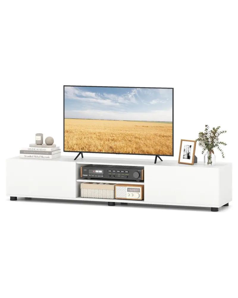 Modern TV Stand for up to 70’’ TVs Minimalist Entertainment Center with 2 Doors and Open Shelves-White - White