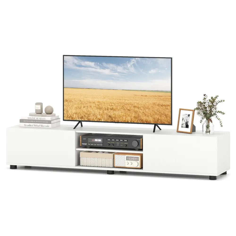 Modern TV Stand for up to 70’’ TVs Minimalist Entertainment Center with 2 Doors and Open Shelves-White - White