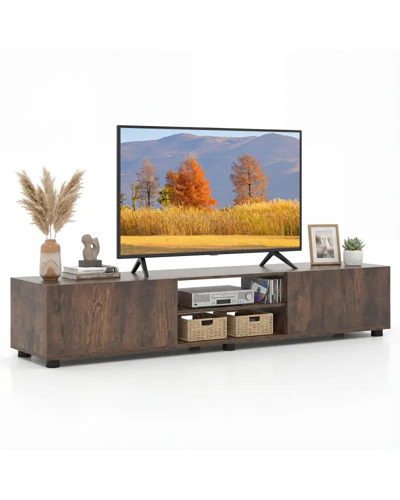 Modern TV Stand for up to 70’’ TVs Minimalist Entertainment Center with 2 Doors and Open Shelves-Rustic Brown - Rustic