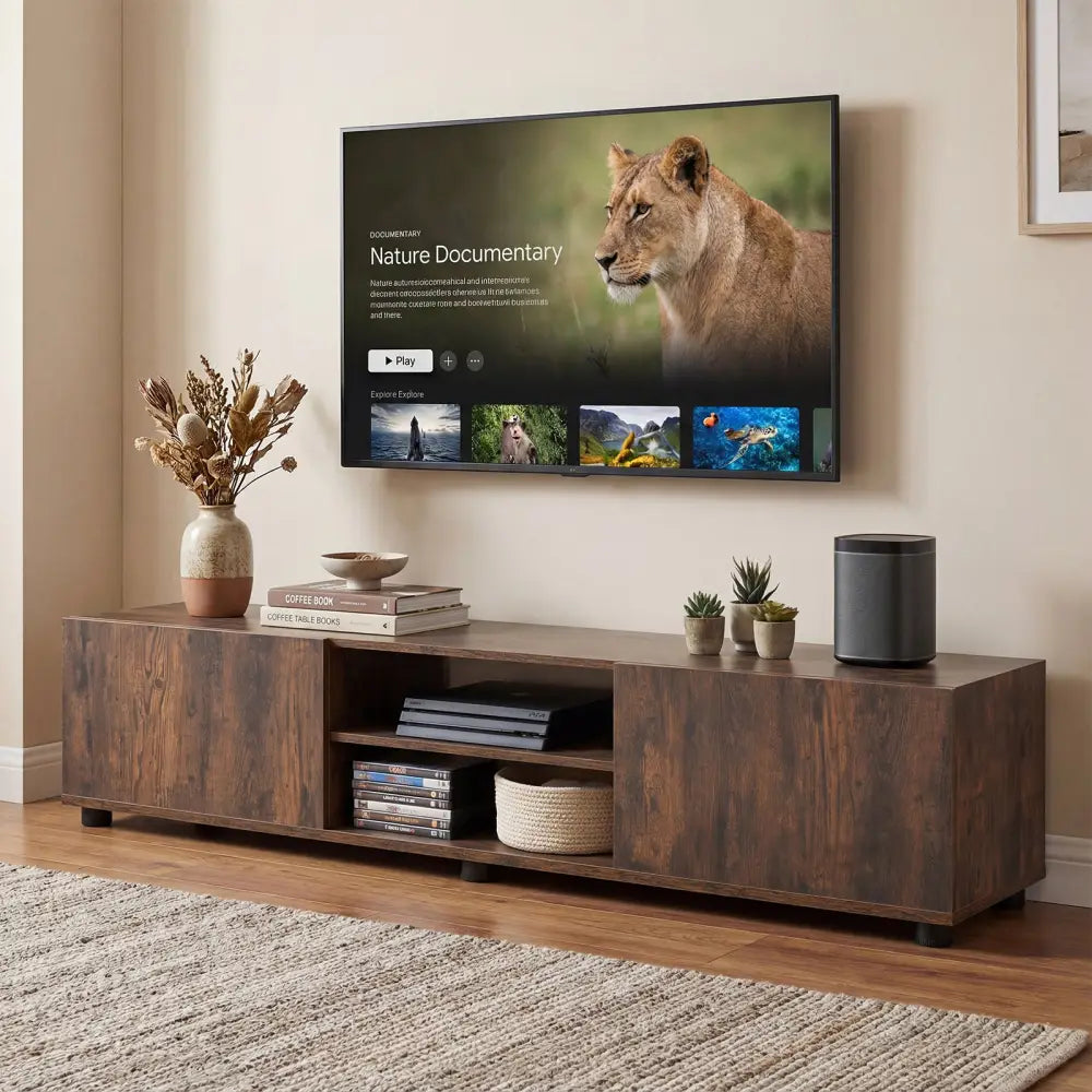 Modern TV Stand for up to 70’’ TVs Minimalist Entertainment Center with 2 Doors and Open Shelves-Rustic Brown - Rustic