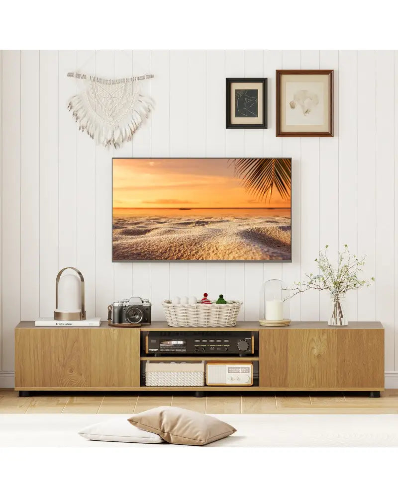 Modern TV Stand for up to 70’’ TVs Minimalist Entertainment Center with 2 Doors and Open Shelves-Natural - Natural