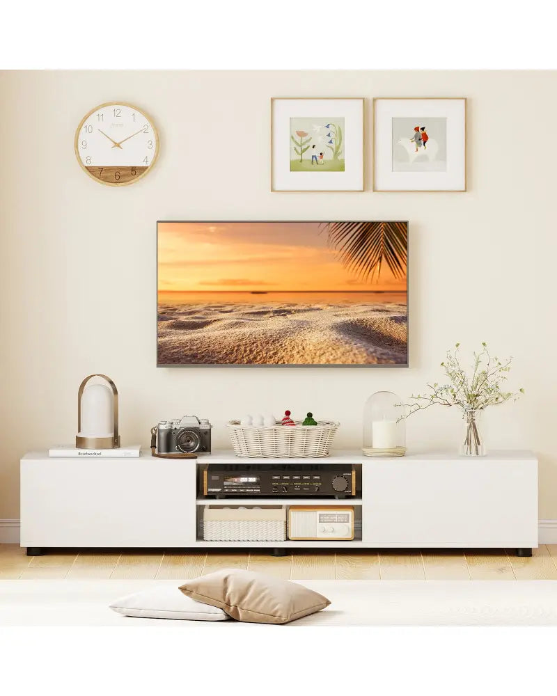 Modern TV Stand for up to 70’’ TVs Minimalist Entertainment Center with 2 Doors and Open Shelves-White - White