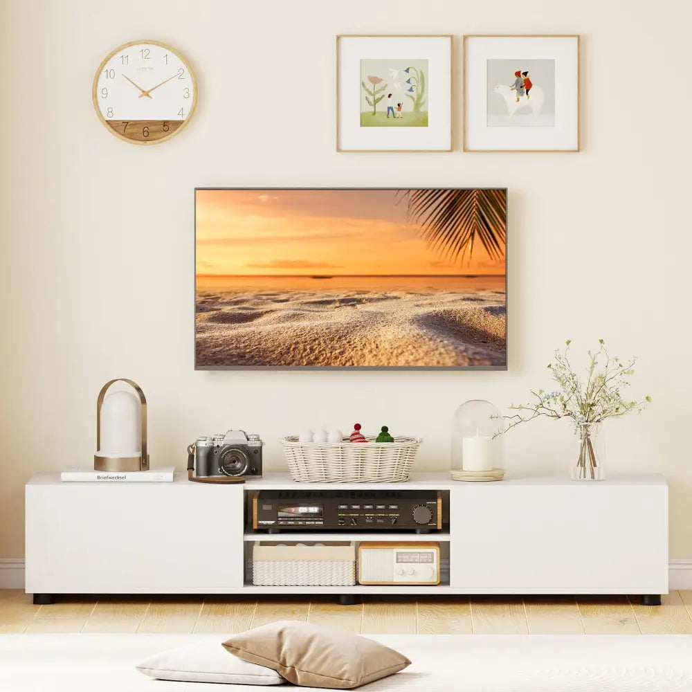 Modern TV Stand for up to 70’’ TVs Minimalist Entertainment Center with 2 Doors and Open Shelves-White - White
