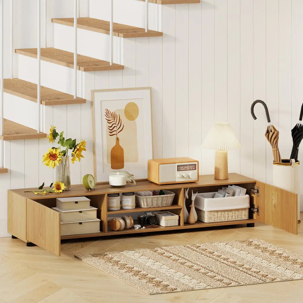 Modern TV Stand for up to 70’’ TVs Minimalist Entertainment Center with 2 Doors and Open Shelves-Natural - Natural