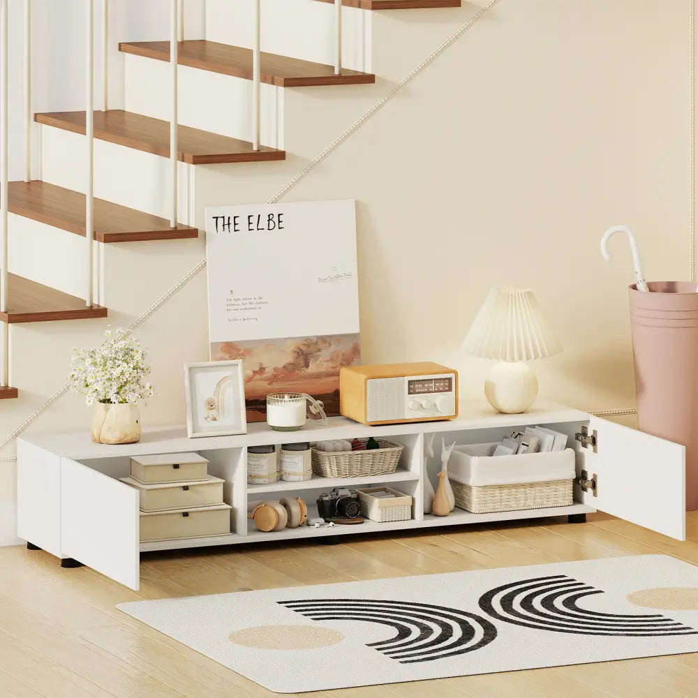 Modern TV Stand for up to 70’’ TVs Minimalist Entertainment Center with 2 Doors and Open Shelves-White - White