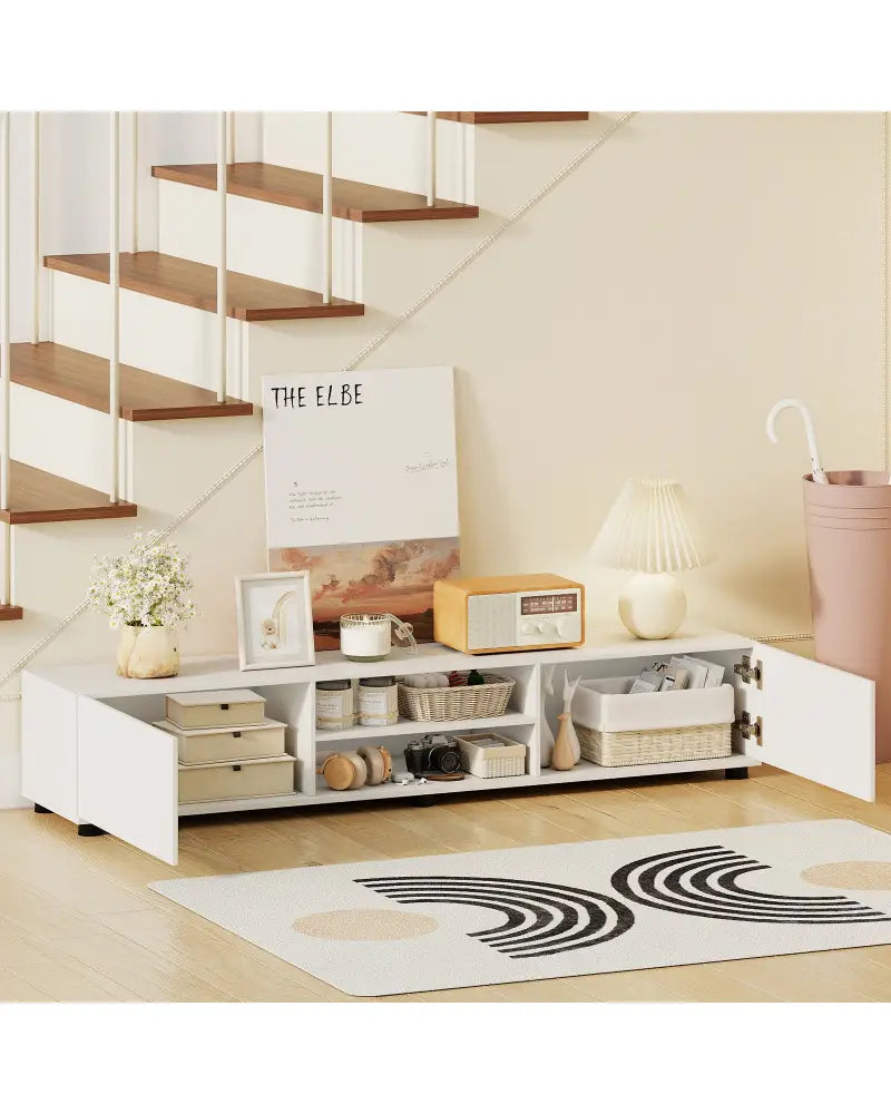 Modern TV Stand for up to 70’’ TVs Minimalist Entertainment Center with 2 Doors and Open Shelves-White - White